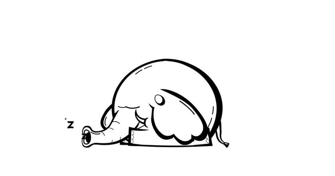 Cartoon whiteboard elephant animation black outline sleeping. Animated character black and white linear outline good for any material for kids, adverts, etc...