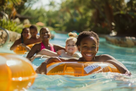 A group of children, wearing bright smiles, sits in inflatable tubes as they float down a lazy river in a relaxing and fun outdoor water park, enjoying their time together.