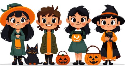 Cute Cartoon Kids Dressed Up for Halloween Trick or Treating