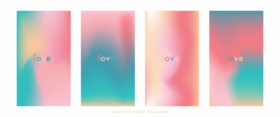 Romantic gradient rainbow color stories set. Pastel colored vertical vector banner. Blurred rainbow gradient background. Simple soft light colorful backdrop for social post. Pink, beige and cyan blue