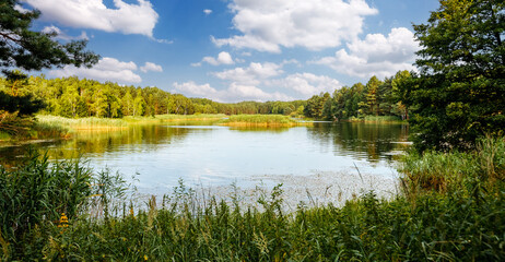 A calm and silent morning at a small lake, forest reflection on the water surface.