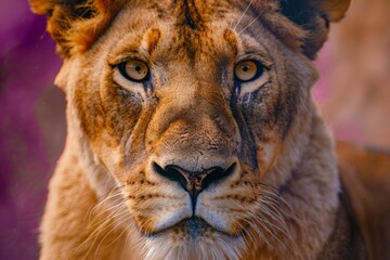 Obraz premium An up-close photograph capturing the intense and mesmerizing gaze of a lion, highlighting the detailed texture and features of its majestic face against a natural backdrop.