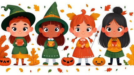 Fototapeta premium Cute Witches and Girlfriends Enjoying Autumn