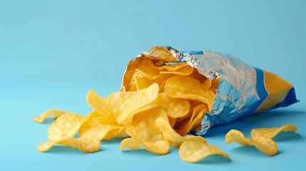 Close-up bag of no-brand chips in plastic bag, package foil. Food advertisement, template design, crispy spicy potato snack, product commercial, blue background, tasty fried crunchy tortilla promotion