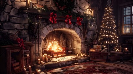 Obraz premium Cozy Holiday Fireplace with Roaring Flames and Christmas Decor