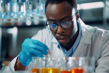 A scientist wearing a white lab coat and blue gloves is focused on handling test tubes in a modern laboratory, showcasing scientific research and experimentation.