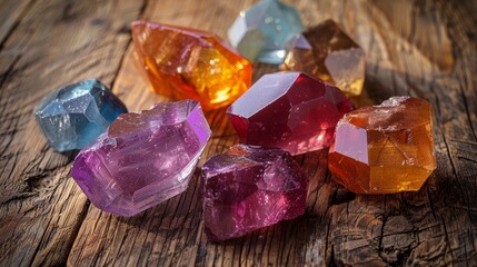 Wisdom gems displayed on rustic wooden surface in various colors