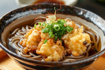 A savory bowl of soba noodles topped with crispy shrimp and vegetable tempura, submerged in a rich broth, and garnished with fresh green onions, served in a rustic ceramic bowl.