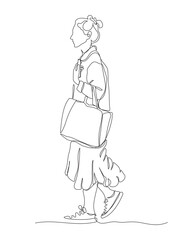 Woman with shopping bag walking holding phone. Side view. Continuous line drawing. Black and white vector in line art style.