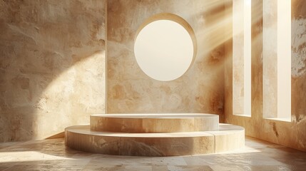 A high-resolution 3D podium with a beige background, featuring a product display stand on a minimal stage with a luxury abstract design, pastel wall, and geometric shadows
