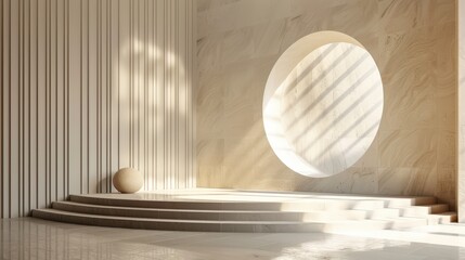 A 3D beige podium in an abstract studio scene, featuring a product display stand on a minimal stage with a pastel wall and luxury design elements, highlighted by subtle geometric shadows