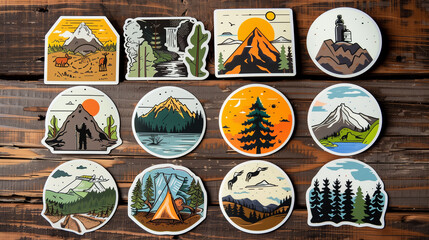 Colorful Stickers Featuring Mountains, Nature Scenes, and Adventure Themes on Rustic Wooden Table