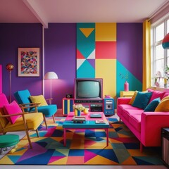 90s-Inspired Living Room with Bright Colors and Vintage Electronics