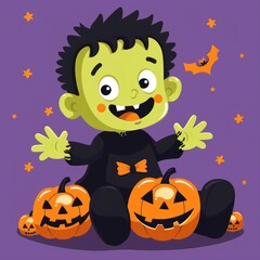 Fototapeta premium Happy Halloween Monster with Pumpkins
