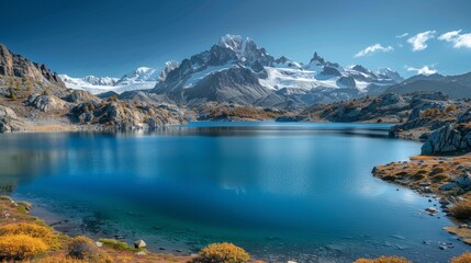 Fototapeta premium Serenely blue lake nestled among grand snow-capped mountains under clear sky