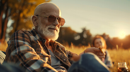 selfie of an older couple sitting at an outdoor cafe,  A couple in their 60s enjoying coffee while watching the sunrise, feeling happy and contented