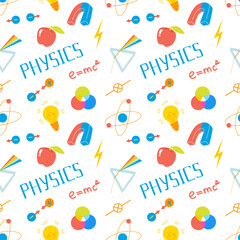 Seamless pattern design with physics illustrations and lettering. Background with school science elements, magnet, atoms, elements, spectrum, light, formula, lightbulb, radiation, molecules