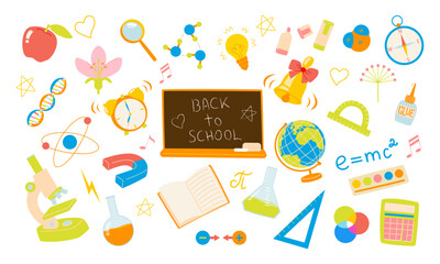 Back to school set with bright colorful illustrations of school subjects: science,chemistry, biology, geography, art, and supplies. Kids education elements: globe; magnet; microscope; compass; atom