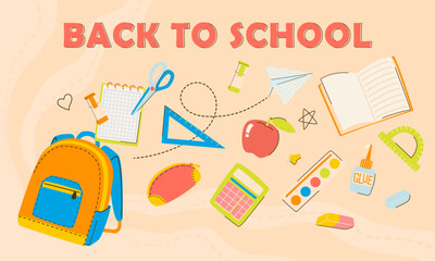 Back to school banner background with bright colorful illustrations of school supplies and lettering. Design for posts, flyer, social media, banner with backpack, books, alarm clock, globe, paints