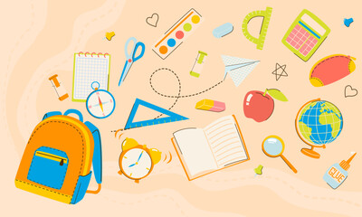 Back to school banner background with bright colorful illustrations of school supplies. Design for posts, flyer, social media, banner. Education elements backpack, books, alarm clock, globe, paints