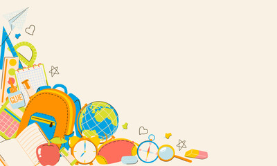 Back to school background with blank space and school supplies illustrations, backpack, books, alarm clock, globe, paints, pencil box, ruler, markers. Design for posts, flyer, social media, banner