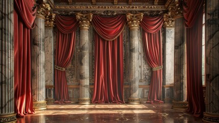 Elegant red drapery with marble columns in luxurious historic interior
