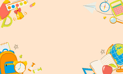 Back to school background with blank space and school supplies illustrations, backpack, books, alarm clock, globe, paints, pencil box, ruler, markers. Design for posts, flyer, social media, banner