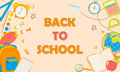 Back to school banner background with illustrations of school supplies and lettering. Design for posts, flyer, social media, banner. Education elements, backpack, books, alarm clock, globe, paints