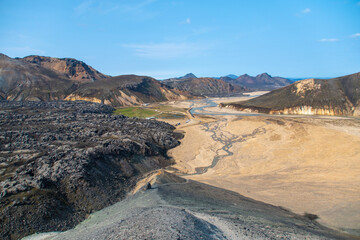 panorama from atop sulphur mountain with lava field below in Landmannalaugar in Iceland