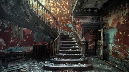Worn circular stairs in an abandoned building with peeling paint