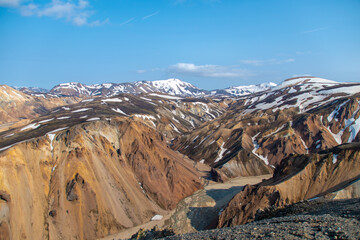 A panoramic and breathtaking view of the colourful cliffs and peaks at Landmannalaugar in Iceland