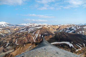 A panoramic and breathtaking view of the colourful cliffs and peaks at Landmannalaugar in Iceland