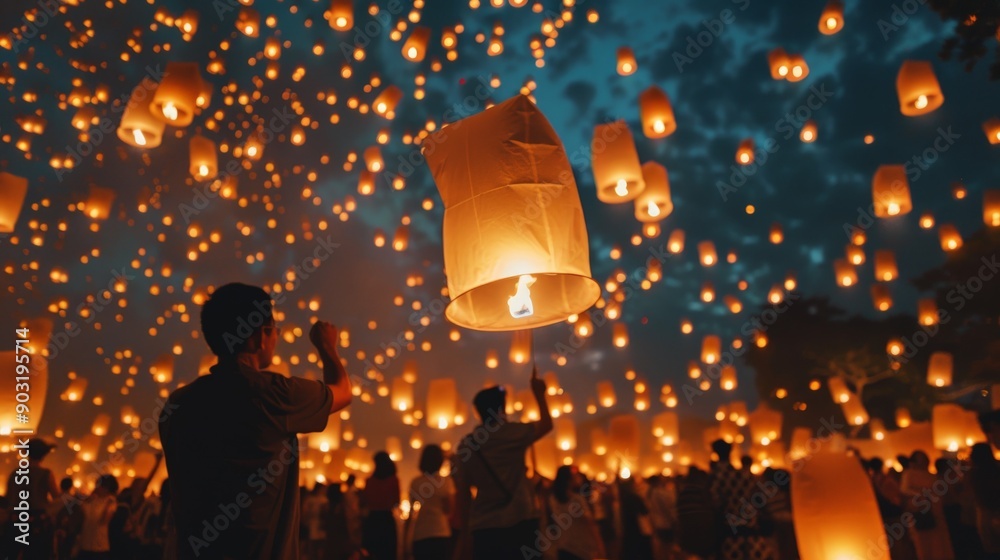 Poster A beautiful image showcasing numerous lanterns being released into the night sky, creating a mesmerizing and festive atmosphere filled with light and warmth.
