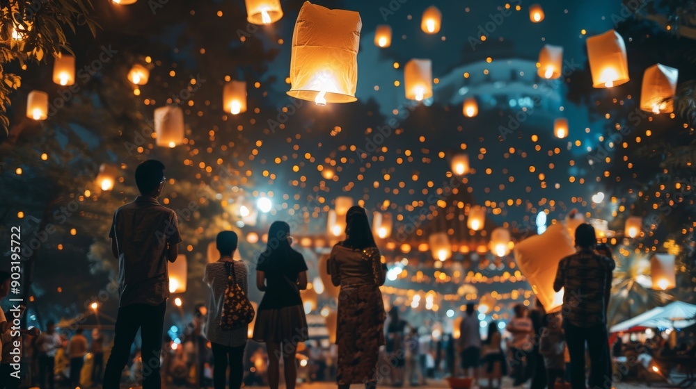 Poster a crowd gathers under the night sky as countless lanterns illuminate the scene, creating a magical a