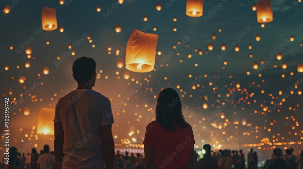 Poster A couple stands together, watching numerous lanterns float into the twilight sky, creating a romantic and enchanting scene at a lantern festival.