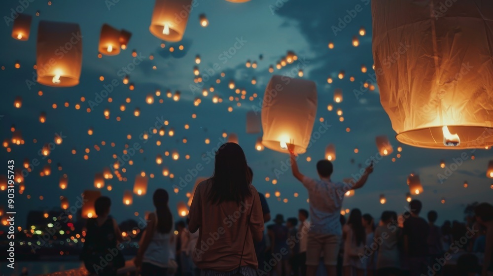 Poster in a stunning visual spectacle, people gather to watch countless floating lanterns illuminate the ni