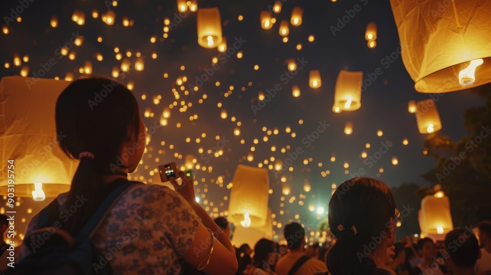 Poster a festival-goer captures the magical moment of releasing lanterns into the night sky, illuminating t