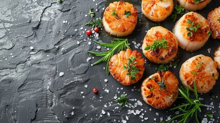 Fried scallops garnished with herbs on textured gray surface