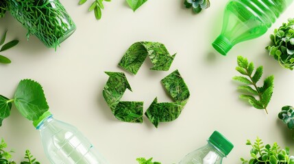 A green recycling symbol is surrounded by many green bottles