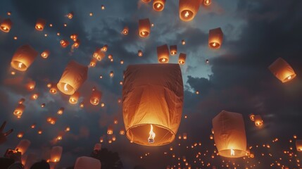 Numerous sky lanterns are released into the evening sky, creating a glowing scene of light against a dramatic, clouded backdrop, capturing tradition and wonder.