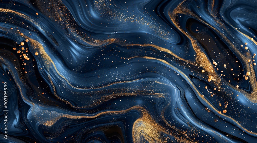 Fototapete This image showcases a mesmerizing abstract pattern resembling dark ocean waves adorned with rich golden sparkles, creating a luxurious and dynamic visual effect.