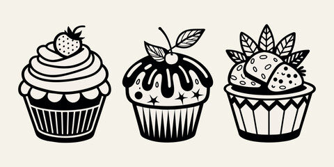 hand drawn cupcake, set of cupcakes