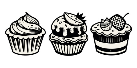 cupcake illustration, set of cupcakes, hand drawn cupcake