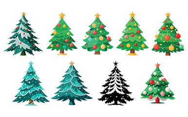 set of Christmas trees vector, Christmas tree set, A set of Christmas trees with different colours and a green and blue one, 