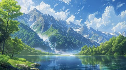 Fototapeta premium Serene green mountains under a clear blue sky reflected in calm waters