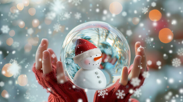 Hand holding snow globe with snowman inside, surrounded by winter wonderland and festive lights - Powered by Adobe