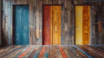 Wooden surface with colorful doors in a rustic interior setting