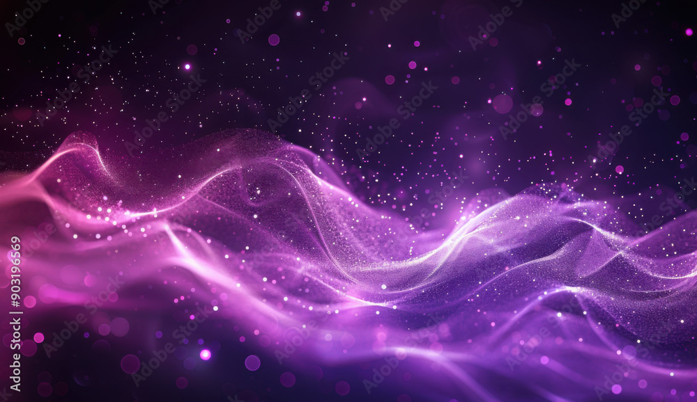 Wall mural digital purple particles wave and light abstract background with shining dots stars.