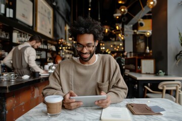 Fototapeta premium A man with a stylish afro and glasses smiles while using a tablet at a trendy cafe, with a coffee cup on the marble table and modern decor and other patrons in the background.