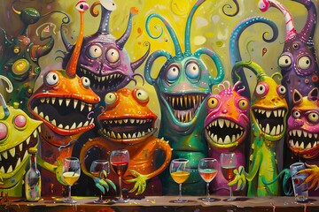 A painting of a group of monsters sitting at a bar with wine glasses